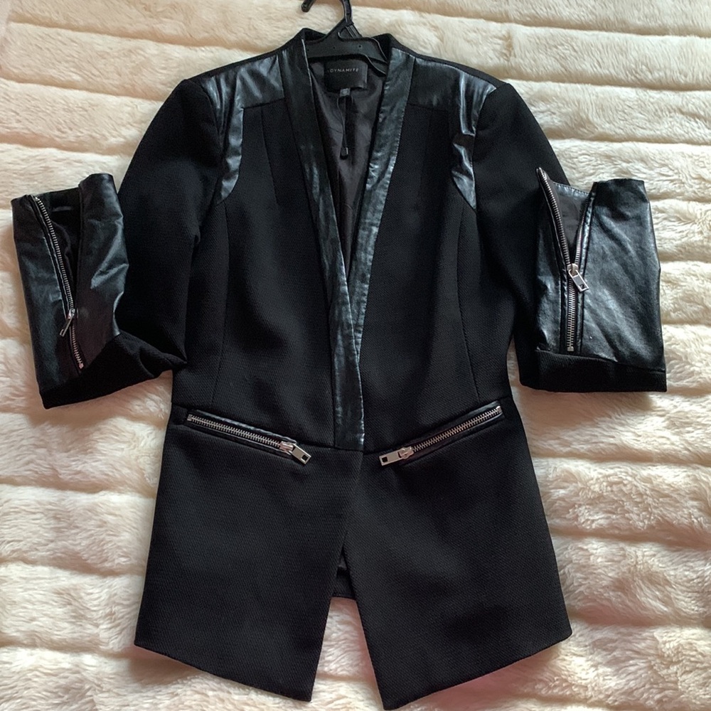 Y2K Black leather trim zippered biker sleeve WRAP blazer Coat Jacket XS S - Picture 13 of 16